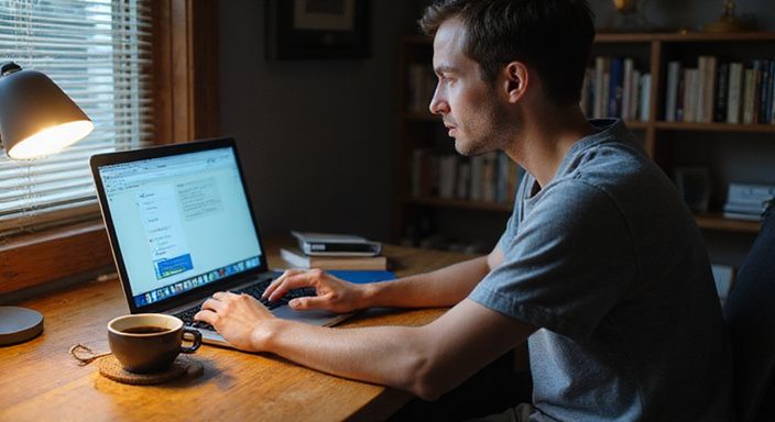 Een persoon werkt geconcentreerd aan een laptop in een kantoorruimte. Een persoon werkt geconcentreerd aan een laptop in een kantoorruimte.