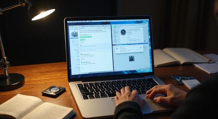 Een veiligheid gerichte werkplek met laptop, YubiKey en notitieboekje. Een veiligheid gerichte werkplek met laptop, YubiKey en notitieboekje.