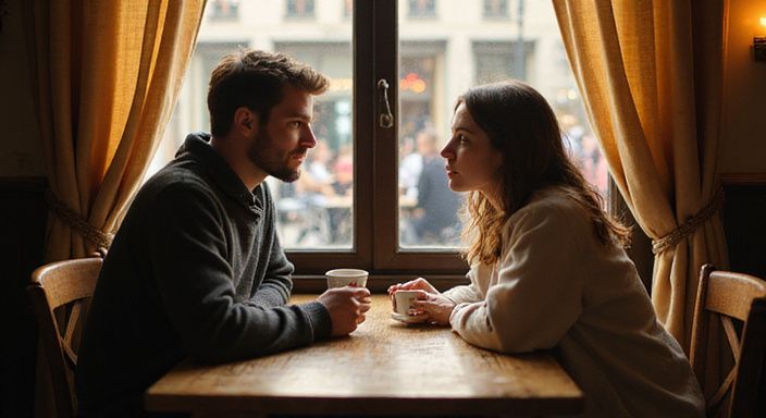Twee volwassenen delen een intiem moment in een gezellig café. Twee volwassenen delen een intiem moment in een gezellig café.