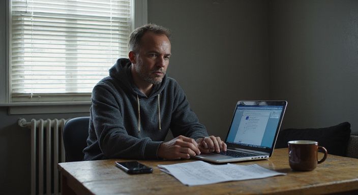 Een man zit bezorgd achter een laptop met aantekeningen over beveiliging. Een man zit bezorgd achter een laptop met aantekeningen over beveiliging.