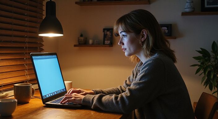 Een geconcentreerde vrouw in een comfortabele sweater aan haar bureau. Een geconcentreerde vrouw in een comfortabele sweater aan haar bureau.