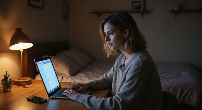 Een vrouw in de veertig verdiept in haar laptop in een slaapkamer.