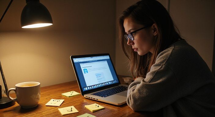 Een vrouw werkt geconcentreerd aan haar laptop met koffie naast zich.