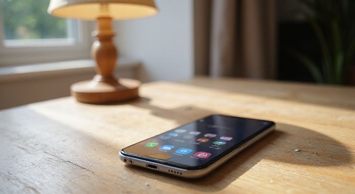 Een smartphone ligt op een licht eikenhouten bureau met textuur.