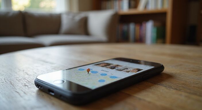 Een smartphone toont een dating-app op een verweerd eiken bureau.