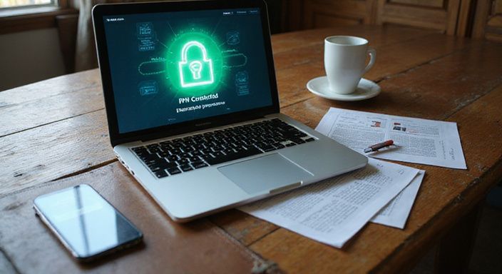 Een georganiseerde werkplek met een laptop, smartphone en vertrouwelijke documenten.