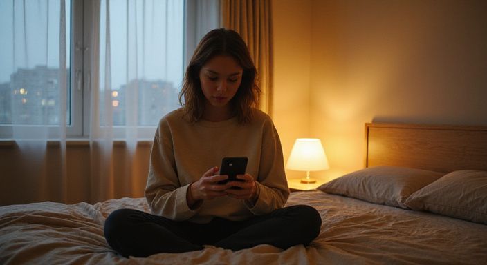 Een vrouw zit ontspannen op een bed en kijkt op haar smartphone naar sexcontact Eindhoven.