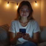 Sexcontact Eindhoven: Vind snel discreet contact bij jou in de buurt Een vrouw in casual kleding, ontspannen op een sofa in een slaapkamer