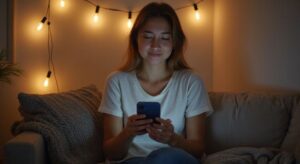 Een vrouw in casual kleding, ontspannen op een sofa in een slaapkamer