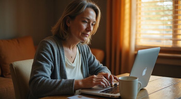 Een vrouw in haar vijftiger jaren werkt geconcentreerd achter haar laptop. Een vrouw in haar vijftiger jaren zoekt op haar laptop naar Oudere vrouwen sexdating.