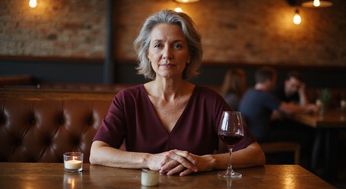 Een vrouw in een burgundy jurk geniet van wijn aan de bar. Een vrouw in een burgundy jurk geniet van wijn aan de bar.