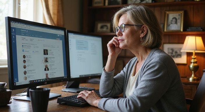 Een vrouw in haar vijftig zit nadenkend achter een bureau. Een vrouw in haar vijftig zit nadenkend achter een bureau.