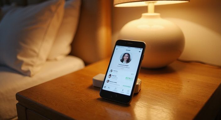 Een smartphone op een nachtkastje toont een datingapp-interface. Een smartphone op een nachtkastje toont een datingapp voor Oudere vrouwen sexdating.