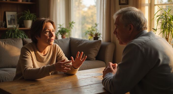 Twee middelbare volwassenen hebben een ontspannen, betekenisvolle conversatie aan tafel. Twee middelbare volwassenen hebben een ontspannen, betekenisvolle conversatie over Oudere vrouwen sexdating aan tafel.
