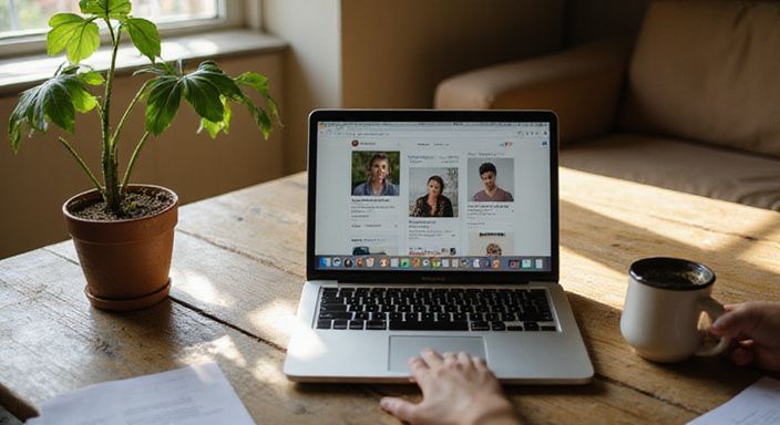 Een MacBook Pro op een verweerd bureau met een datingapp. Een MacBook Pro op een verweerd bureau met een datingapp voor Oudere vrouwen sexdating.