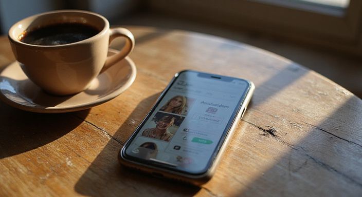 Een smartphone met een datingapp en een koffiekopje op tafel. Een smartphone met een datingapp voor sexdating in Amsterdam en een koffiekopje op tafel.