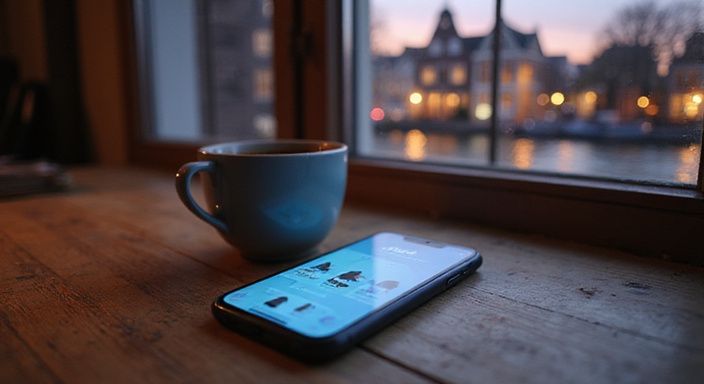 Slimme telefoon met dating-app en uitzicht op Amsterdamse grachten. Slimme telefoon met dating-app voor sexdating in Amsterdam en uitzicht op Amsterdamse grachten.