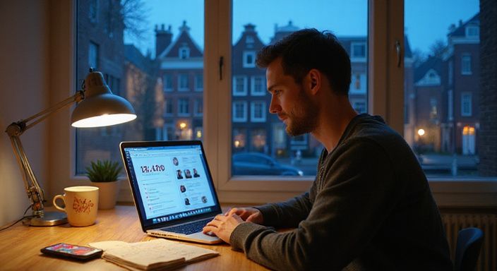 Een man werkt geconcentreerd aan zijn laptop in een Amsterdamse appartement. Een man werkt geconcentreerd aan zijn laptop in een Amsterdamse appartement.