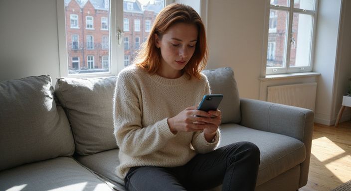 Een vrouw in een oversized trui kijkt naar haar smartphone. Een vrouw in een oversized trui kijkt naar haar smartphone.