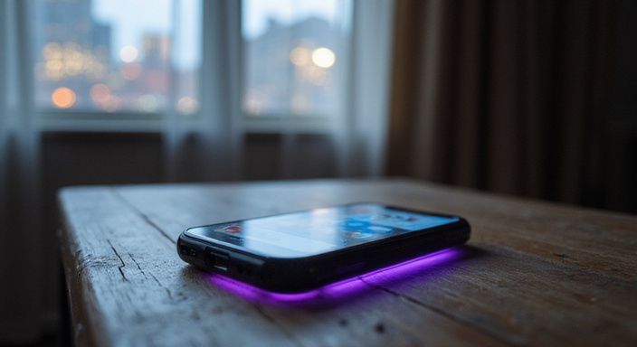 Een smartphone ligt op een verweerd eikenhouten tafel in een hotelkamer. Een smartphone ligt op een verweerd eikenhouten tafel in een hotelkamer.