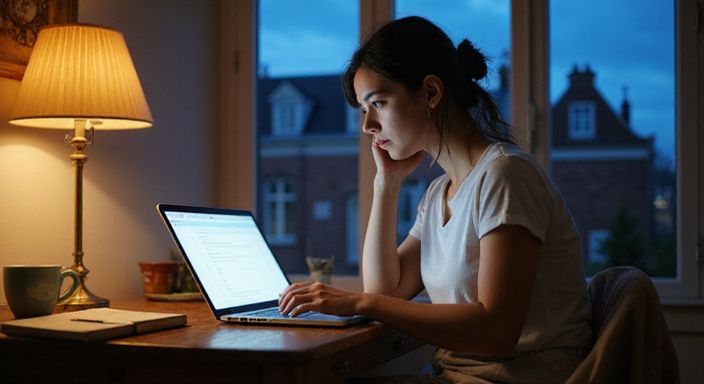 Een vrouw in contemplatie werkt aan haar laptop in een slaapkamer. Een vrouw in contemplatie zoekt op haar laptop naar sexdating in Amsterdam.