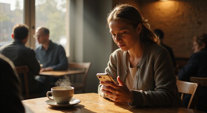 Een vrouw in een café, verdiept in haar smartphone. Een vrouw in een café, verdiept in haar smartphone.