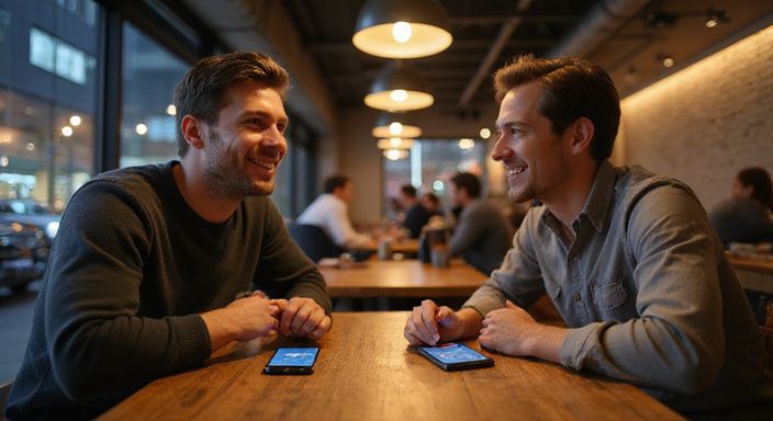 Twee mensen lachen en chatten in een koffiehuis met smartphones. Twee mensen lachen en chatten in een koffiehuis met smartphones.