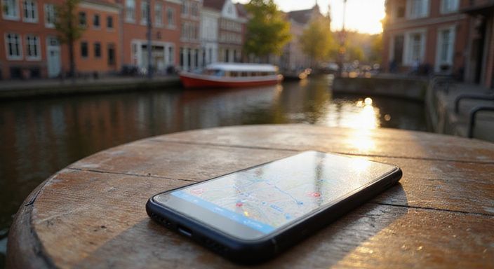 Een smartphone op een verweerd houten cafétafel met stadsachtergrond. Een smartphone op een verweerd houten cafétafel met stadsachtergrond.