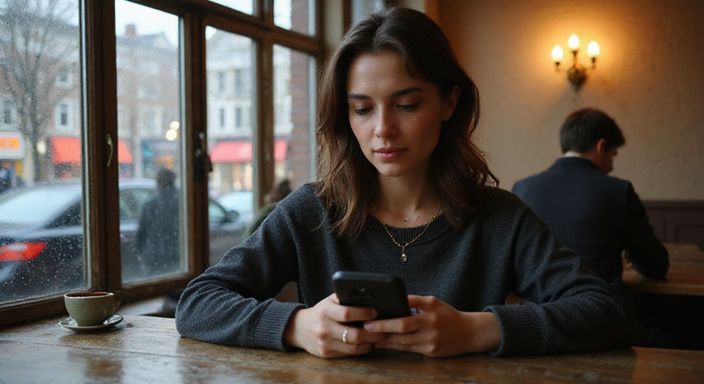 Een jonge vrouw zit contemplatief aan een houten café tafel. Een jonge vrouw zit contemplatief aan een houten café tafel en zoekt sexdating in Amsterdam.